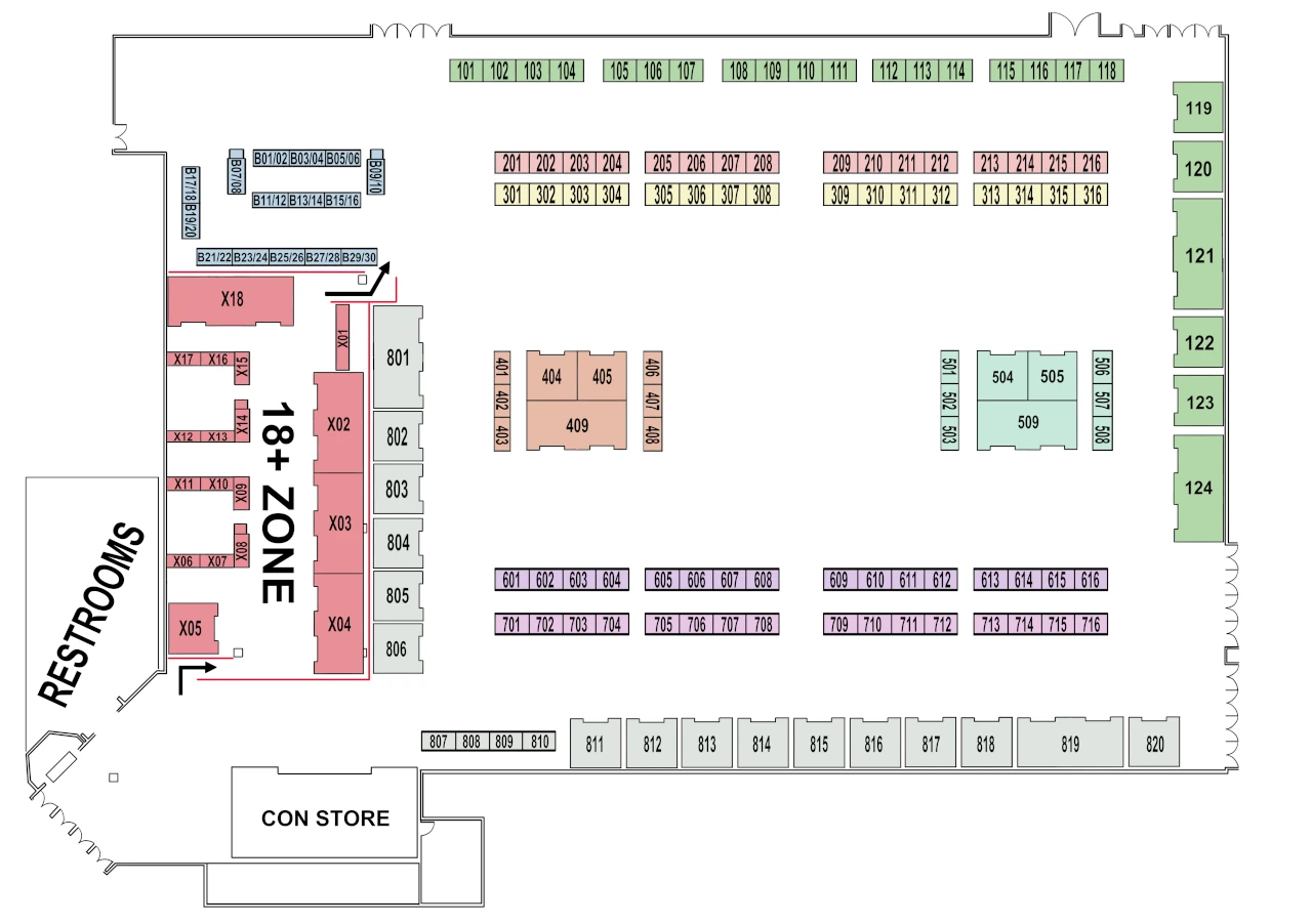 Map of the Dealers Den, Bazaar, and Black Market, with tables and booths numbered.